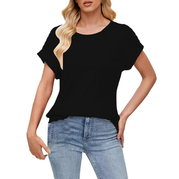 Delayuji Women's Spring Round Neck Solid Color Strip Loose Casual Short Sleeve T Shirt Black Xl Polyester,Spandex Short Sleeve Shirts for Women