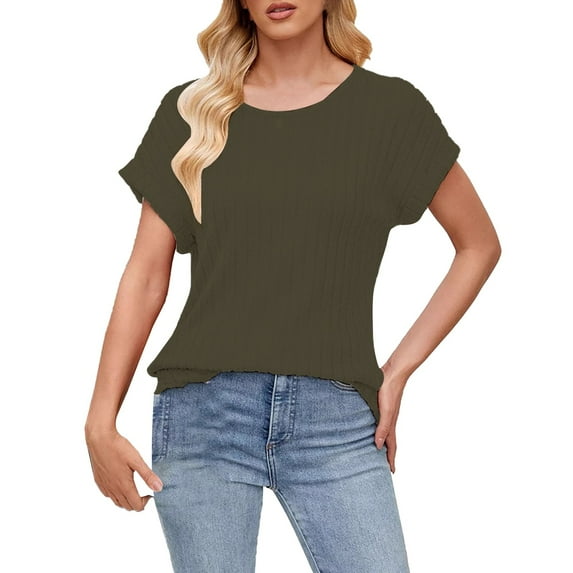 Delayuji Women's Spring Round Neck Solid Color Strip Loose Casual Short Sleeve T Shirt Green Xl Polyester,Spandex Short Sleeve Shirts for Women
