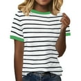 thumbnail image 1 of Delayuji Women's Spring Round Neck Stripe Splicing Loose Casual Short Sleeve T Shirt Green L Polyester,Spandex Short Sleeve Shirts for Women, 1 of 4