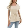 thumbnail image 1 of Delayuji Women's Spring Solid Color Round Neck Folded Belt Loose Casual Short Sleeve Top Beige L Polyester,Spandex Short Sleeve Shirts for Women, 1 of 6