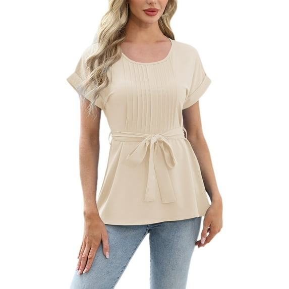 Delayuji Women's Spring Solid Color Round Neck Folded Belt Loose Casual Short Sleeve Top Beige L Polyester,Spandex Short Sleeve Shirts for Women
