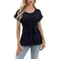 thumbnail image 1 of Delayuji Women's Spring Solid Color Round Neck Folded Belt Loose Casual Short Sleeve Top Black S Polyester,Spandex Short Sleeve Shirts for Women, 1 of 6