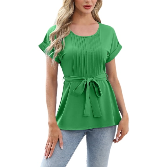 Delayuji Women's Spring Solid Color Round Neck Folded Belt Loose Casual Short Sleeve Top Green S Polyester,Spandex Short Sleeve Shirts for Women