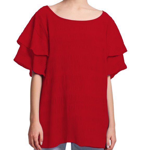Delayuji Women's Spring Solid Color Round Neck Folded Double Layer Sleeve Short Sleeve T Shirt Top Red S Bubble Wrinkles Short Sleeve Shirts for Women