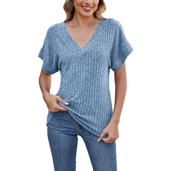 Delayuji Women's Spring Solid Color V Neck Strip Loose Casual Short Sleeve T Shirt Blue L Polyester,Spandex Short Sleeve Shirts for Women