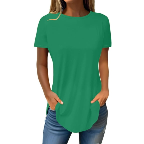 Delayuji Women's Spring/Summer Round Neck Short Sleeve Irregular Hem Top Green Xl Polyester,Spandex Short Sleeve Shirts for Women