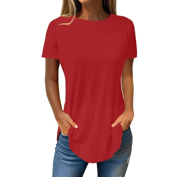 Delayuji Women's Spring/Summer Round Neck Short Sleeve Irregular Hem Top Red M Polyester,Spandex Short Sleeve Shirts for Women