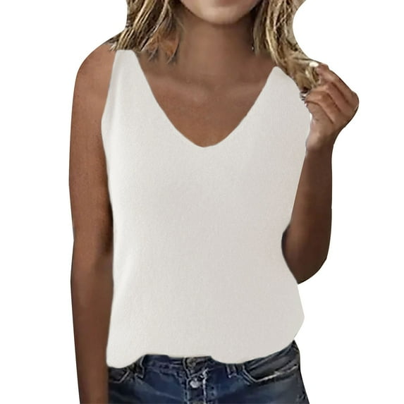 Delayuji Women's Spring/Summer Solid Color Sweater V Neck Base Shirt Sleeveless Thin Vest Strap Beige Xxl Acrylic Yarn Spring Tops for Women