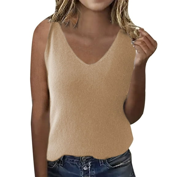 Delayuji Women's Spring/Summer Solid Color Sweater V Neck Base Shirt Sleeveless Thin Vest Strap Gold S Acrylic Yarn Spring Tops for Women