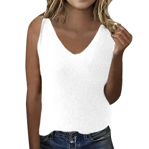 Delayuji Women's Spring/Summer Solid Color Sweater V Neck Base Shirt Sleeveless Thin Vest Strap White Xxl Acrylic Yarn Spring Tops for Women