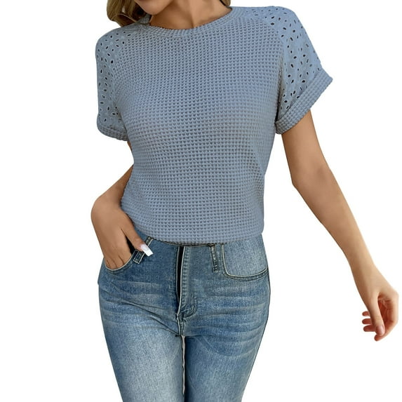 Delayuji Women's Spring/Summer Splicing Fashion Round Neck Short Sleeve T Shirt for Women Blue Xl Polyester Short Sleeve Shirts for Women