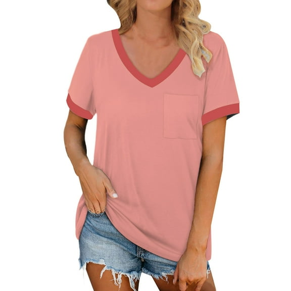 Delayuji Women's Spring V Neck Splice Ribbon Pocket Loose Casual Short Sleeve T Shirt Red Xl Polyester,Spandex Short Sleeve Shirts for Women