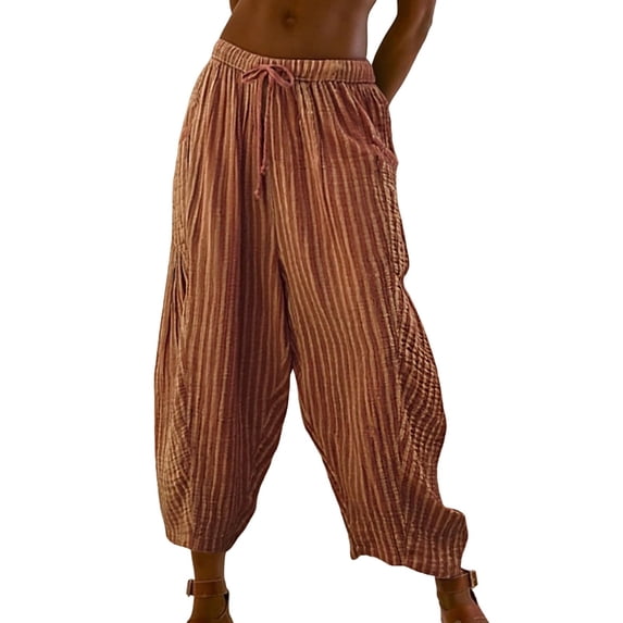 Delayuji Women's Striped Loose Straight Pant Elastic Waist Pleated Breathable Casual Beach Pants with Pocket Spring Summer Outfit