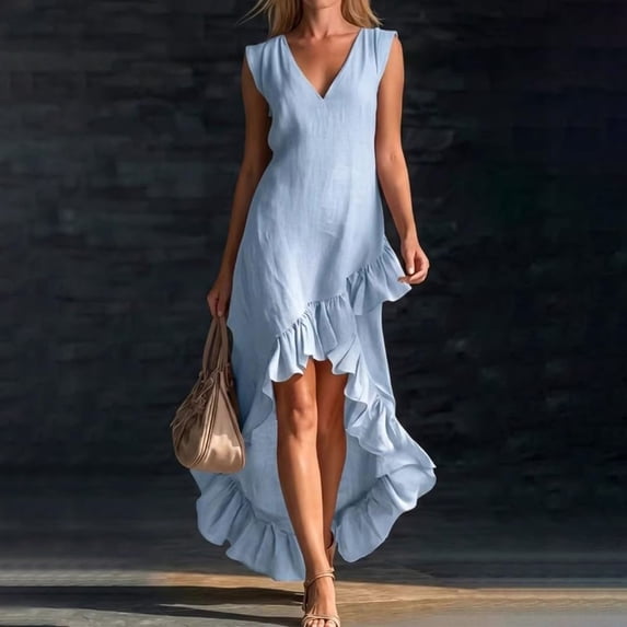 Delayuji Women's Summer Dress Ruffled Hem Sleeveless V Neck Tank Dress Long Dresses Beach Vacation Dress Wedding Guest Dresses