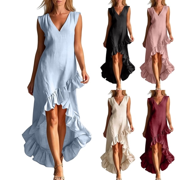 Delayuji Women's Summer Dress Ruffled Hem Sleeveless V Neck Tank Dress Long Dresses Beach Vacation Dress Wedding Guest Dresses