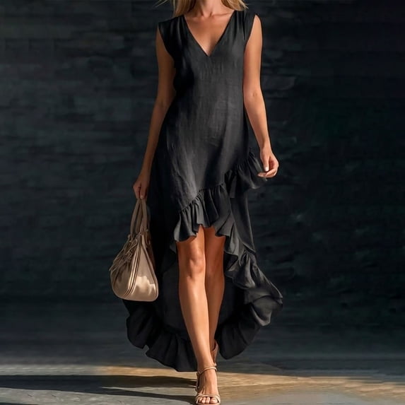 Delayuji Women's Summer Dress Ruffled Hem Sleeveless V Neck Tank Dress Long Dresses Beach Vacation Dress Wedding Guest Dresses