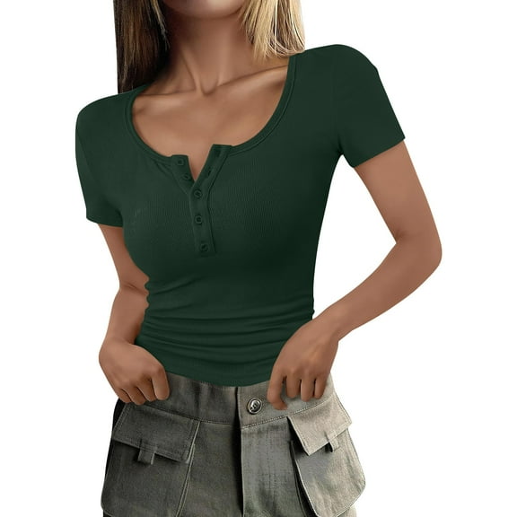 Delayuji Women's Summer Short Sleeve Tops Ribbed Knit Button Up Slim Fit Basic Casual T Shirts Blouse Green L Polyester,Spandex Short Sleeve Shirts for Women