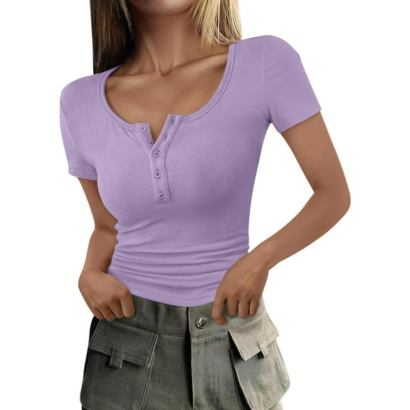 Delayuji Women's Summer Short Sleeve Tops Ribbed Knit Button Up Slim Fit Basic Casual T Shirts Blouse Purple Xl Polyester,Spandex Short Sleeve Shirts for Women