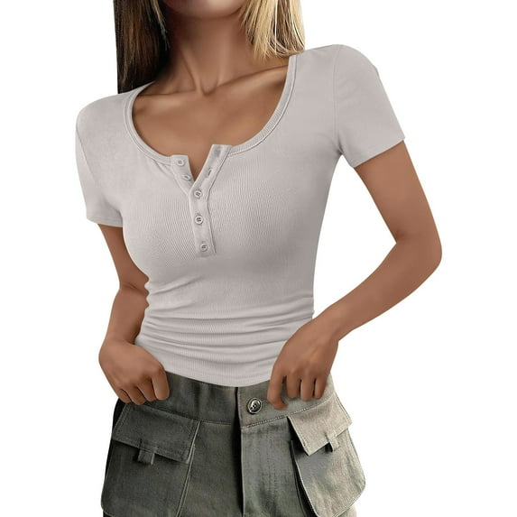 Delayuji Women's Summer Short Sleeve Tops Ribbed Knit Button Up Slim Fit Basic Casual T Shirts Blouse White Xl Polyester,Spandex Short Sleeve Shirts for Women