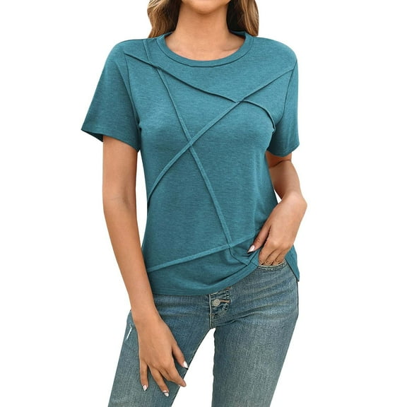 Delayuji Women's Summer Tops 2025 Pleated Round Neck Short Sleeve Shirts Business Casual Blue L Blended Fabric Short Sleeve Shirts for Women