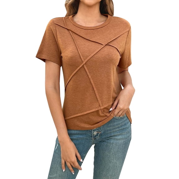 Delayuji Women's Summer Tops 2025 Pleated Round Neck Short Sleeve Shirts Business Casual Orange S Blended Fabric Short Sleeve Shirts for Women