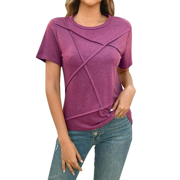 Delayuji Women's Summer Tops 2025 Pleated Round Neck Short Sleeve Shirts Business Casual Red M Blended Fabric Short Sleeve Shirts for Women