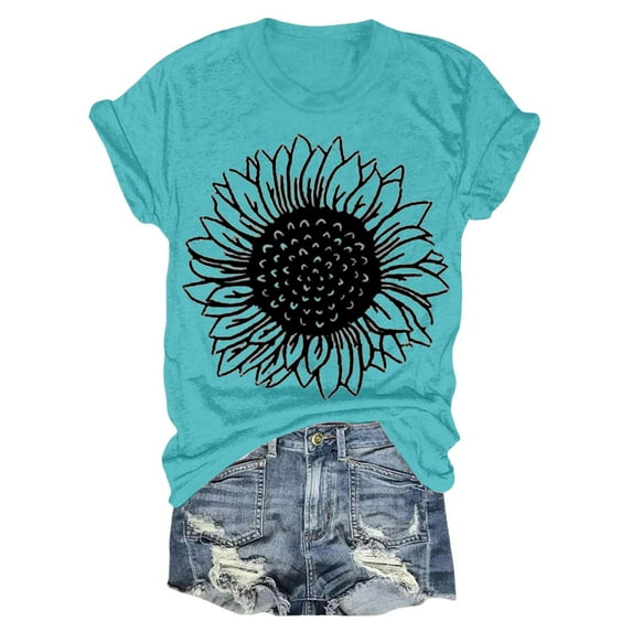 Delayuji Women's Sunflowers Short Sleeve T Shirts Vintage Cute Graphic Crew Neck Summer Casual Tops Blue M Cotton Short Sleeve Shirts for Women