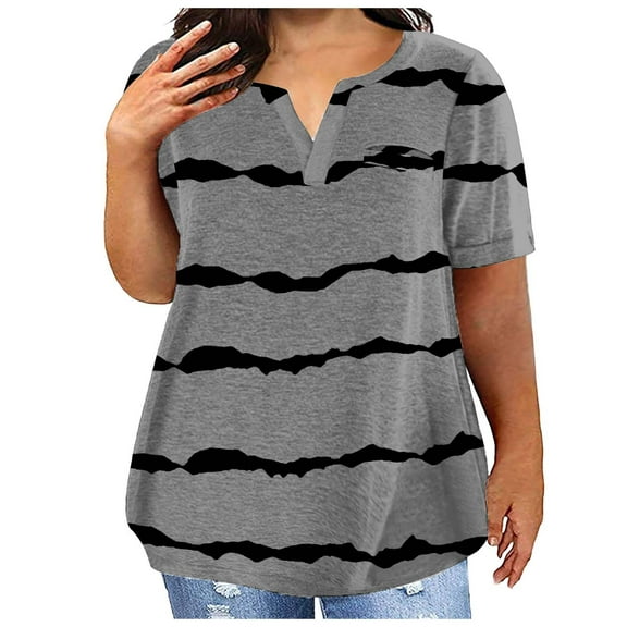 Delayuji Women's Top V Neck Fashion Printed Short Sleeve Pocket Loose T Shirt Gray Xxl Polyester,Spandex Short Sleeve Shirts for Women