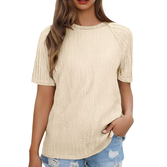 Delayuji Women's Tops Trendy Casual 2025 Crew Neck Lightweight Shirts Knit Tunic Basic T Shirt Beige L Knit Short Sleeve Shirts for Women