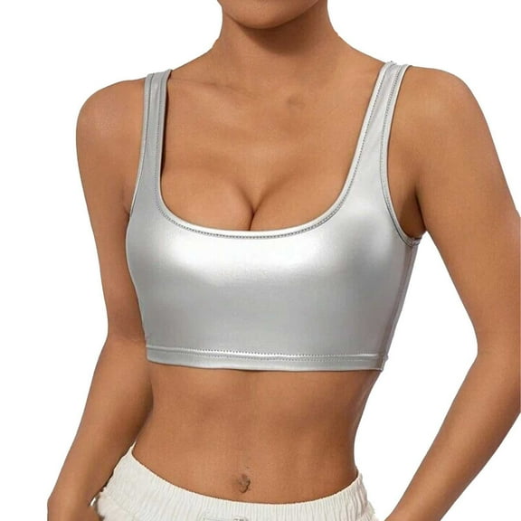 Delayuji Women's U Neck Sleeveless Clubwear Shiny Metallic Crop Top Silver L Blended Fabric Spring Tops for Women