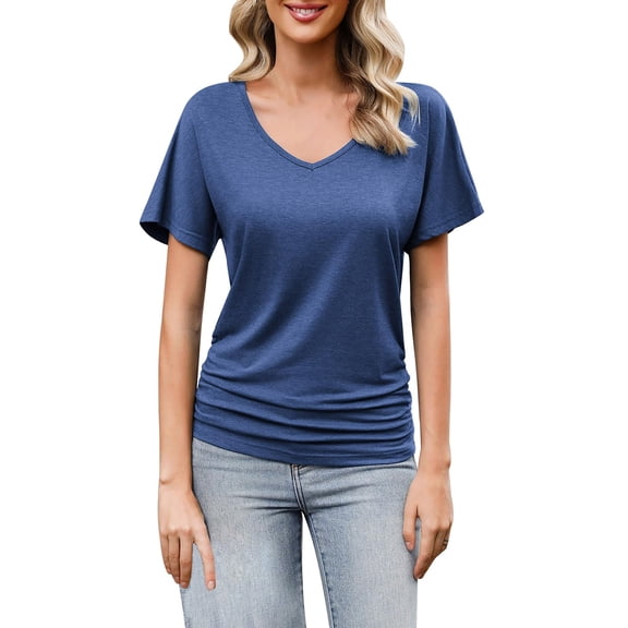 Delayuji Women's V Neck Tunic Tops Short Sleeve Ruched Blouse Shirts Loose Fit Shirts Casual Blue M Polyester,Spandex,Cotton Short Sleeve Shirts for Women