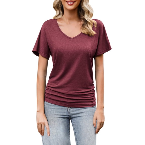 Delayuji Women's V Neck Tunic Tops Short Sleeve Ruched Blouse Shirts Loose Fit Shirts Casual Red Xl Polyester,Spandex,Cotton Short Sleeve Shirts for Women