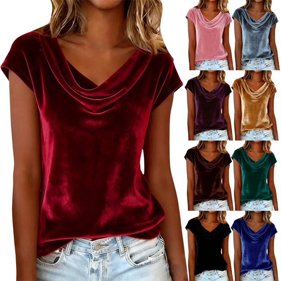 Delayuji Women's Velvet Tshirt Elegant Dressy Shirt Cowl Neck Short Sleeve Shirts Casual Blouses Tshirts Business Casual Outfits