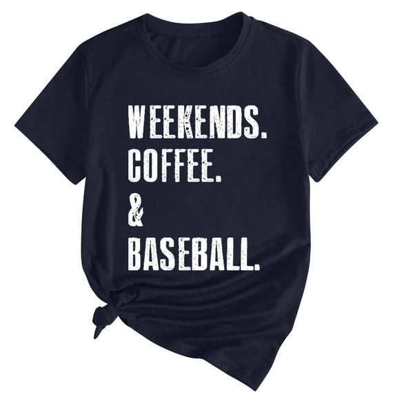 Delayuji Women's Weekends Coffee Baseball Printed T Shirt Cotton Round Neck Casual Short Sleeves Blue L Cotton Short Sleeve Shirts for Women