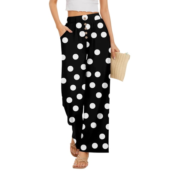 Delayuji Women's Wide Leg Pants Dot Printed Palazzo Pants High Waisted Casual Loose Straight Leg Pants with Pockets Womens Trousers