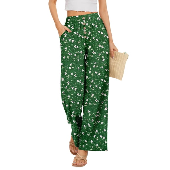 Delayuji Women's Wide Leg Pants Printed Summer Casual Palazzo Pants Drawstring Loose Fashion with Button High Elastic Waisted Pants Trousers With Pockets