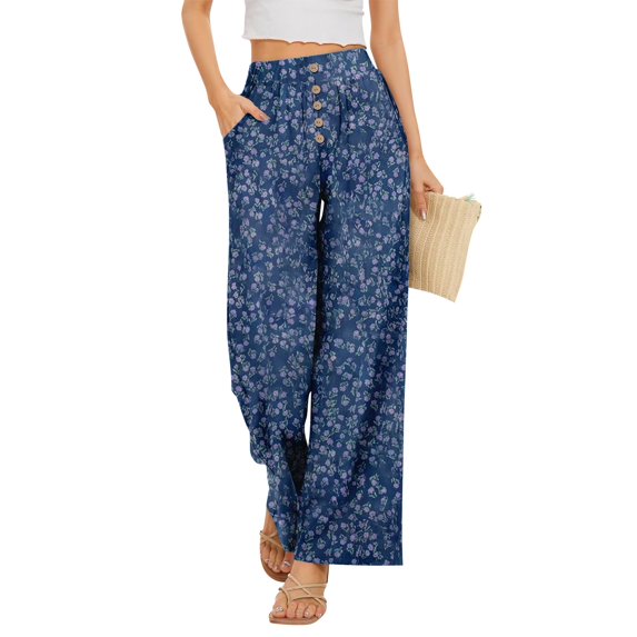 Delayuji Women's Wide Leg Pants Printed Summer Casual Palazzo Pants Drawstring Loose Fashion with Button High Elastic Waisted Pants Trousers With Pockets