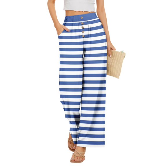 Delayuji Women's Wide Leg Pants Striped Printed Palazzo Pants High Waisted Casual Loose Straight Leg Pants with Pockets Womens Trousers
