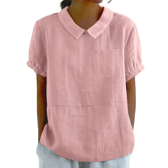 Delayuji Women with Pockets Breathable Cotton Linen Loose Large Size Slimming Lapel Shirt Short Sleeve Top Pink M Hemp Short Sleeve Shirts for Women