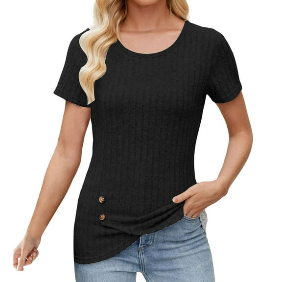 Delayuji Womens Down Blouse Short Sleeve Slim Tees Crewneck Ribbed Side Casual Solid Shirts Vintage Tops 2025 Black S Polyester,Spandex Short Sleeve Shirts for Women