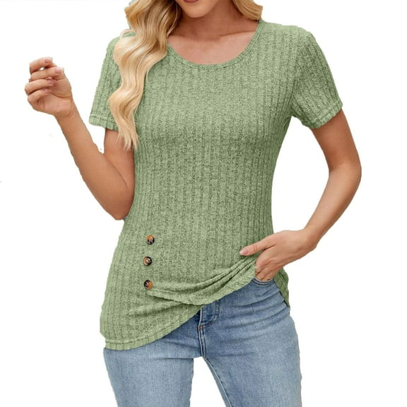 Delayuji Womens Down Blouse Short Sleeve Slim Tees Crewneck Ribbed Side Casual Solid Shirts Vintage Tops 2025 Green L Polyester,Spandex Short Sleeve Shirts for Women