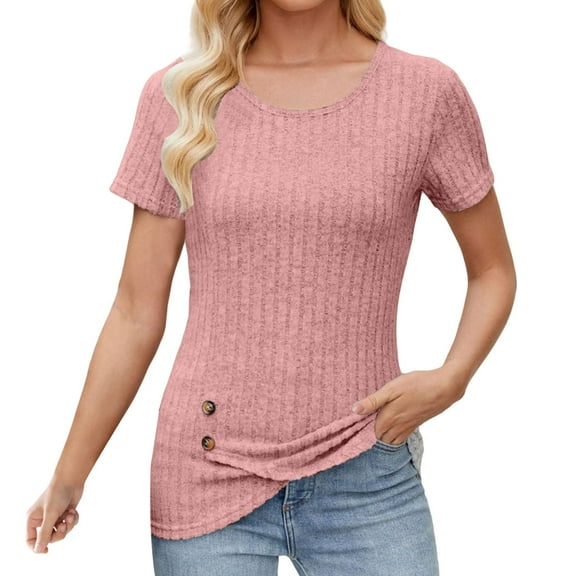 Delayuji Womens Down Blouse Short Sleeve Slim Tees Crewneck Ribbed Side Casual Solid Shirts Vintage Tops 2025 Red L Polyester,Spandex Short Sleeve Shirts for Women