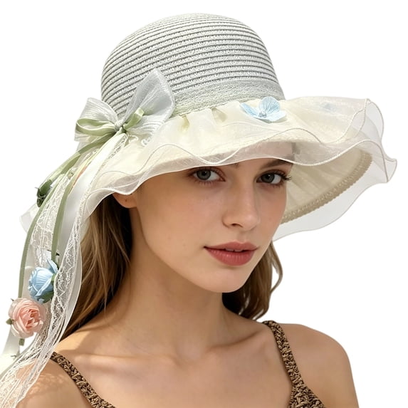 Delayuji Womens Bowknot Hat Lace Ribbon Decor Breathable UV Protection Summer Hats Travel Stylish Floral Hat Portable Outdoor beach hat Daily Sun Cap