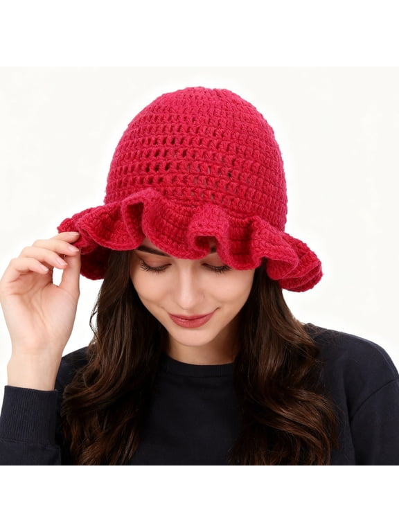 Womens Bucket Hat Handmade Crochet Ruffled Knit Hat Fashiona Colorful Wide Brim Hat Sun Hat Hiking Take Photos Red One Size