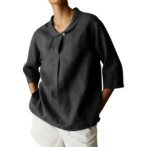 Delayuji Womens Button Down Shirts Color Block Casual 3/4 Sleeve Cotton Linen Causal Blouses Tops Work Blouse Tops Black S Polyester,Spandex Short Sleeve Shirts for Women