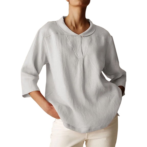 Delayuji Womens Button Down Shirts Color Block Casual 3/4 Sleeve Cotton Linen Causal Blouses Tops Work Blouse Tops Gray L Polyester,Spandex Short Sleeve Shirts for Women