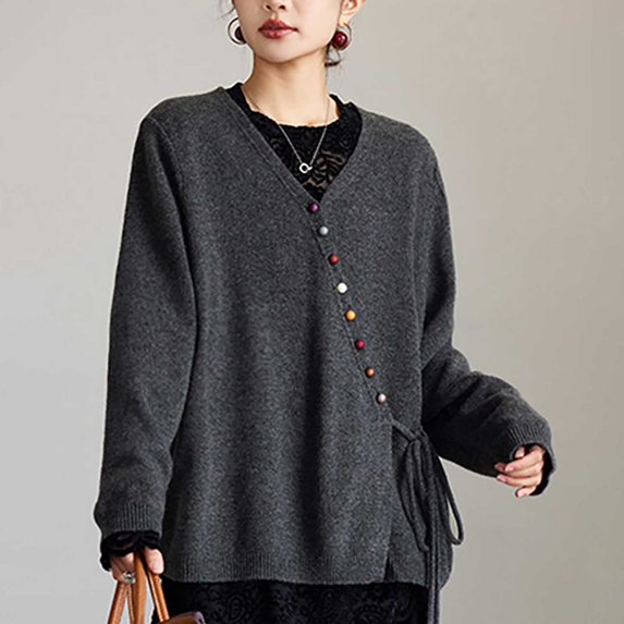 Delayuji Womens Button Up Cardigan Sweaters Long Sleeve Crew Neck Soft Lightweight Tie up Knit Loose Sweater Tops Spring Outfit L-5XL