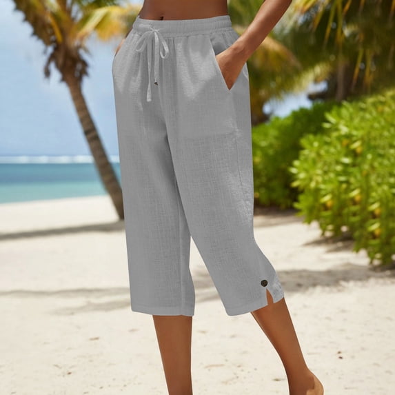 Delayuji Womens Capri Pant High Waisted Drawstring Elastic Comfy Straight Leg Short Pants Cropped Pant With Pockets