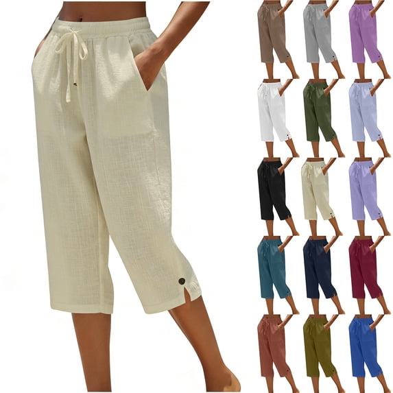Delayuji Womens Capri Pant High Waisted Drawstring Elastic Comfy Straight Leg Short Pants Cropped Pant With Pockets