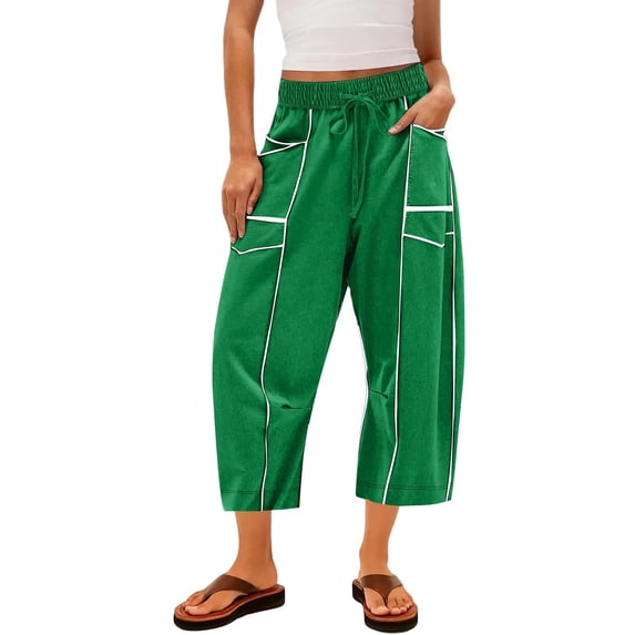 Delayuji Womens Capri Pants Casual Summer Baggy Wide Leg Pants Elactic Waist Barrel Pants Women With Pockets